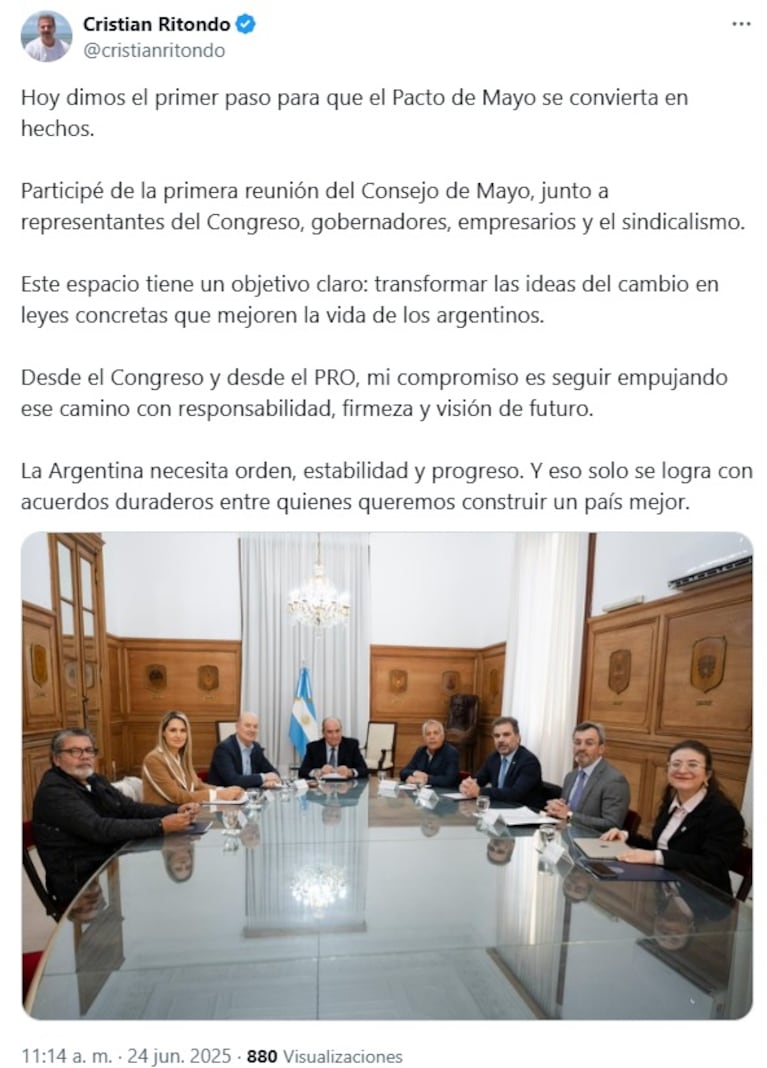 Cristian Ritondo: "Hoy dimos el primer paso para que el Pacto de Mayo se convierta en hechos". (Foto: X @cristianritondo)