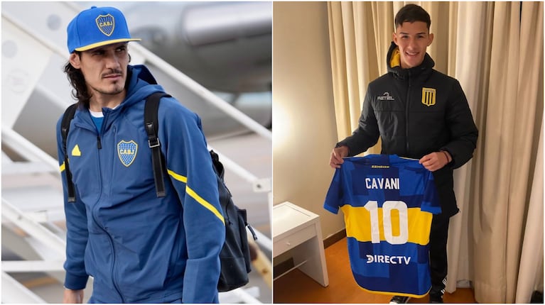 Edinson Cavani le regaló su camiseta a un juvenil de Almirante Brown. (Fotos: Prensa Boca / IG @lautaro.elias5)