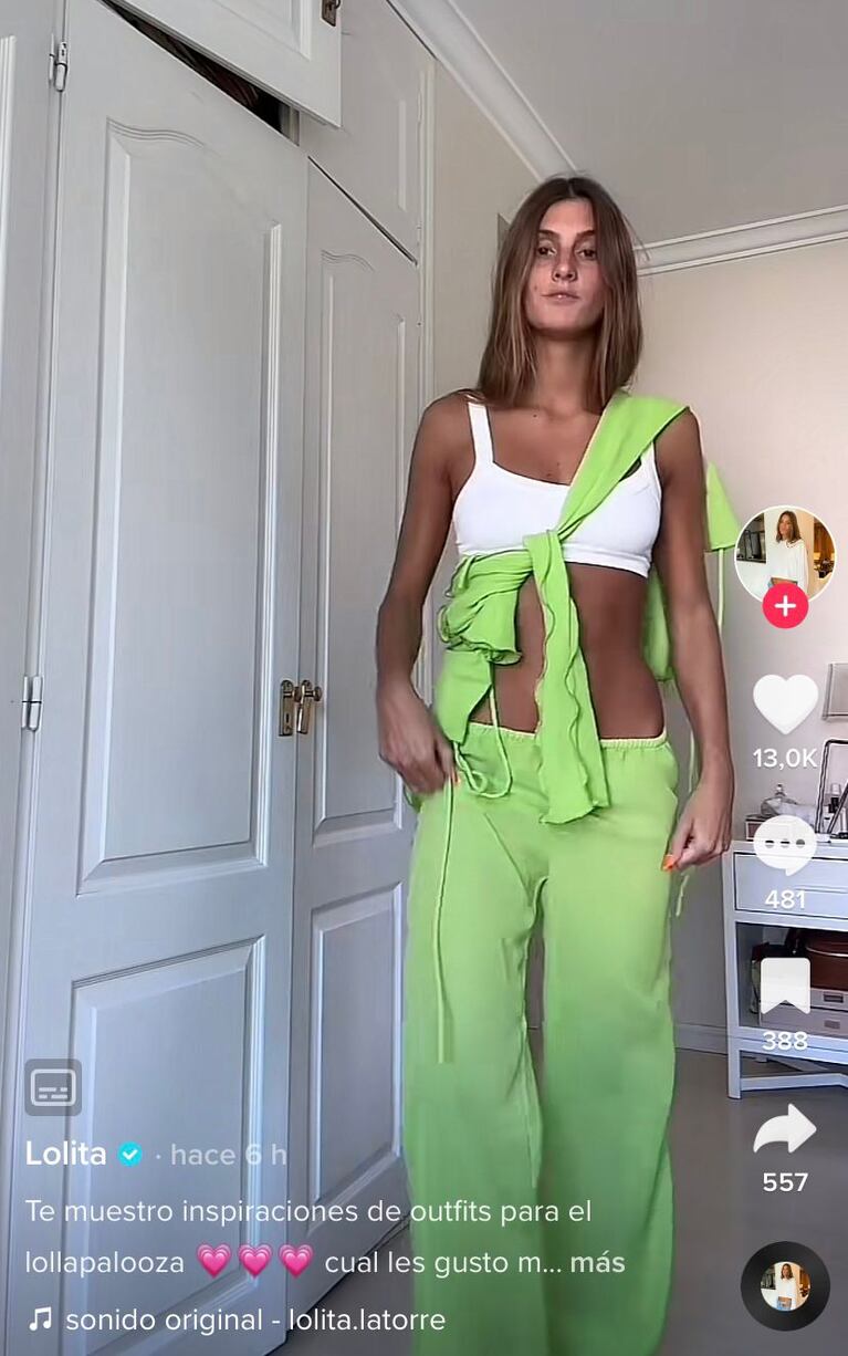El conjunto neón de Lolita Latorre. (Foto: Captura de video. TikTok/@lolita.latorre).