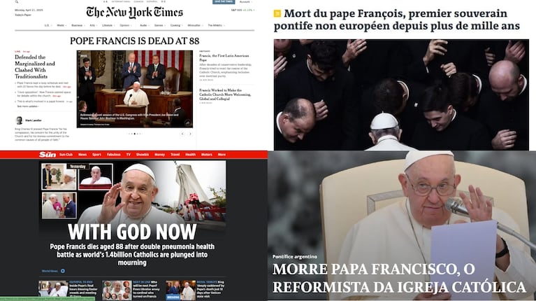 Los principales medios del mundo se hicieron eco de la muerte del Papa Francisco. (Foto: The New York Times/Le Monde/The Mirror/O Globo).
